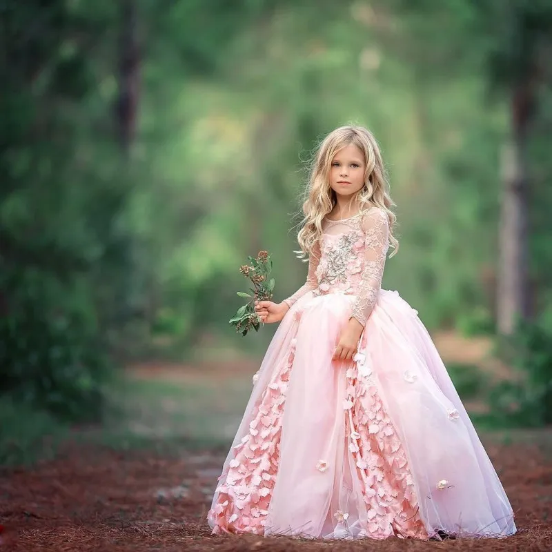 luxury pink flower girls dresses for weddings long sleeve appliqued indian lace ball gowns little kids communion dress