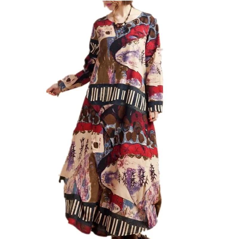 Acquistare Taglie Forti M XXL 2017 Nuove Donne Autunno Lungo Abito Vintage  Stampa Morbida Lana Di Lino Manica Lunga Primavera Vestito Casual Economico  | Consegna Veloce E Qualità | It.Dhgate