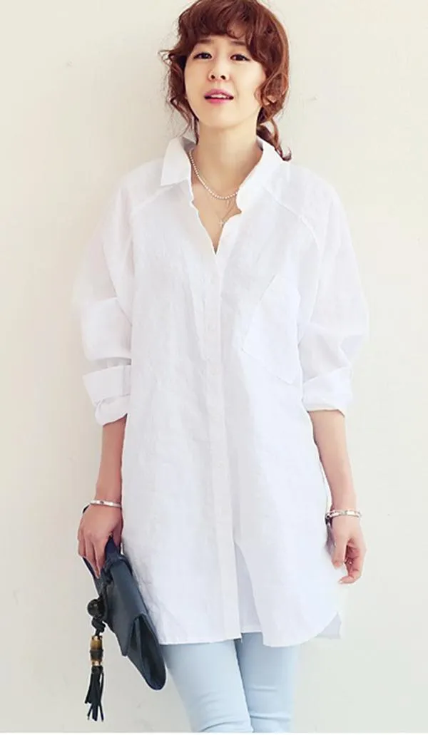 Hot Summer Korea Fashion Plus Size Sun-protective Shirts Pregnant Women Cotton Linen Loose Tops Shirt Long Sleeve Maternity Shirt C3258