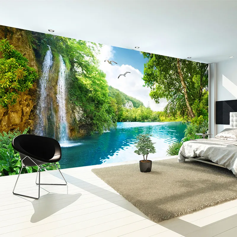 Custom 3D Wall Mural Wallpaper Home Decor Green Mountain Waterfall Nature Landscape 3D Photo Wall Paper para sala de estar dormitorio