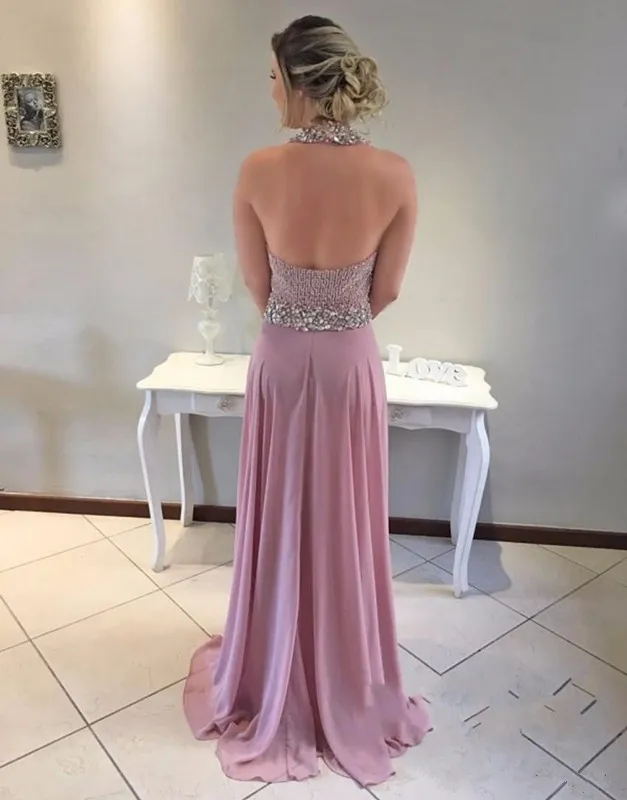 2018 New Sexy Prom Dresses High Neck Keyhole Chiffon Beading Crystal Open Back Long Plus Size Formal Party Dress Vestido Evening Gowns Wear