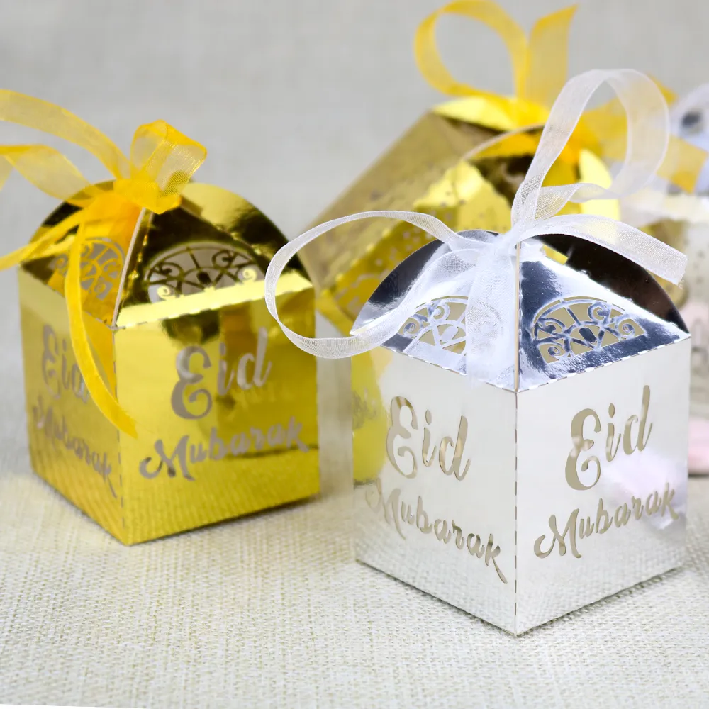 Gold Silver Ramadan Gift Box 5x5x8cm Eid Mubarak Balloon Cupcake Topper Decorations Wrap2085
