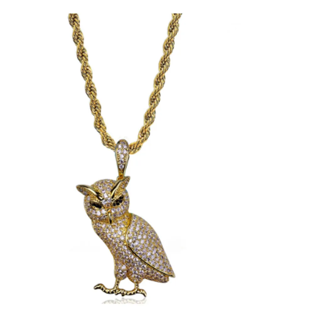 Collier pendentif hibou animal en acier inoxydable glacé de luxe avec chaîne de corde de 60 cm Micro pavé de zircone cubique diamants simulés Pend299h