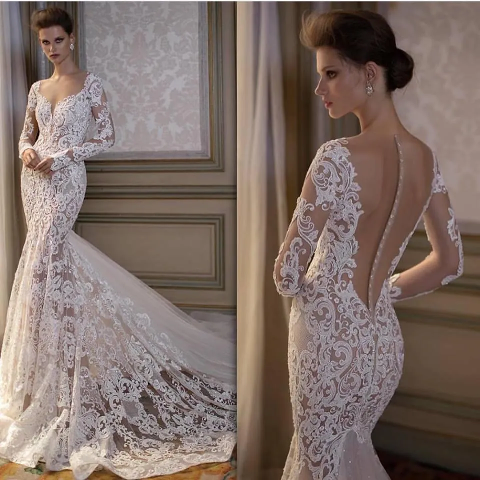 New Design Full Lace Mermaid Wedding Dress Backless Sheer Neck Long Sleeves Illusion Back Court Train Bridal Gowns Wedding Dresses