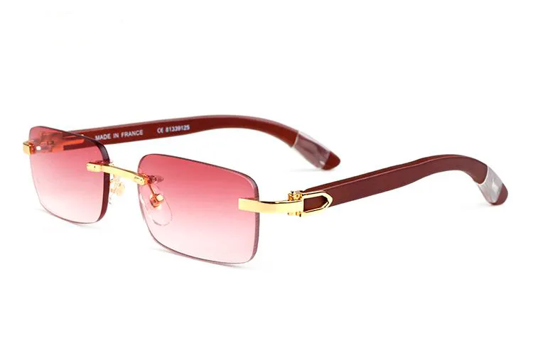 Neue Ankunft Frauen Herren Sonnenbrille Holz weiß Büffelhorn Brille rahmenlose Brillen Gold mit Box blau rosa gelb rot299M