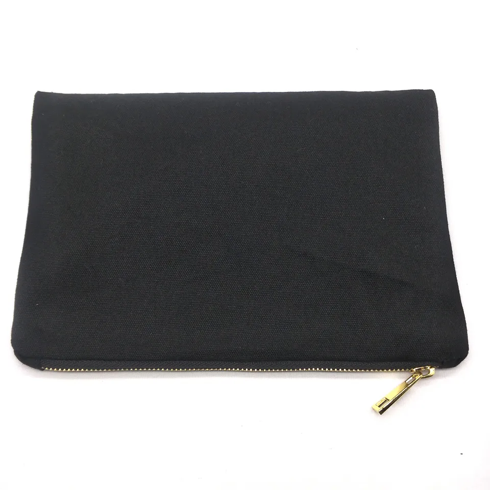 Plain Black Cotton Canvas Cosmetic Bag mit schwarzem Futter leere Leinwand Gold Reißverschluss Beutel benutzerdefinierte Drucktasche Factory DHL S313M