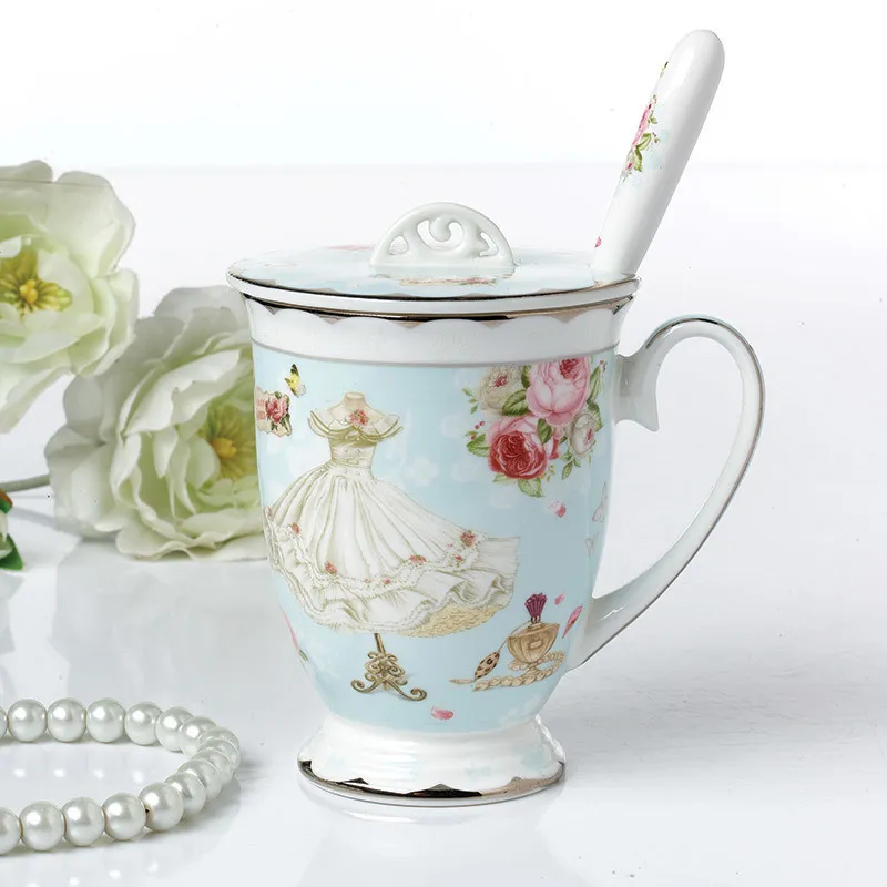 Teetasse, Deckel und Löffel-Set, Royal Fine Bone China Kaffeetasse, 325 ml, hellblaue Teetassen, Geschenk für Frauen, Mutter, Geschenkbox 296H