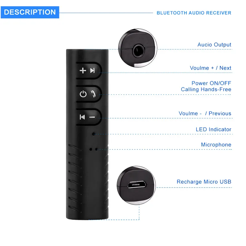 Clip-on Wireless AUX Bluetooth Receptor Carro Headphone Headphone 3.5mm Adaptador de música de áudio Bluetooth com Mic PP Package / lote