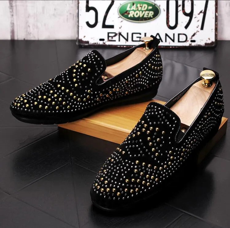 New Style Men loafers Silver Black Diamond Rhinestones Spiked Loafers fashion Rivets shoes Wedding Party Shoes G118