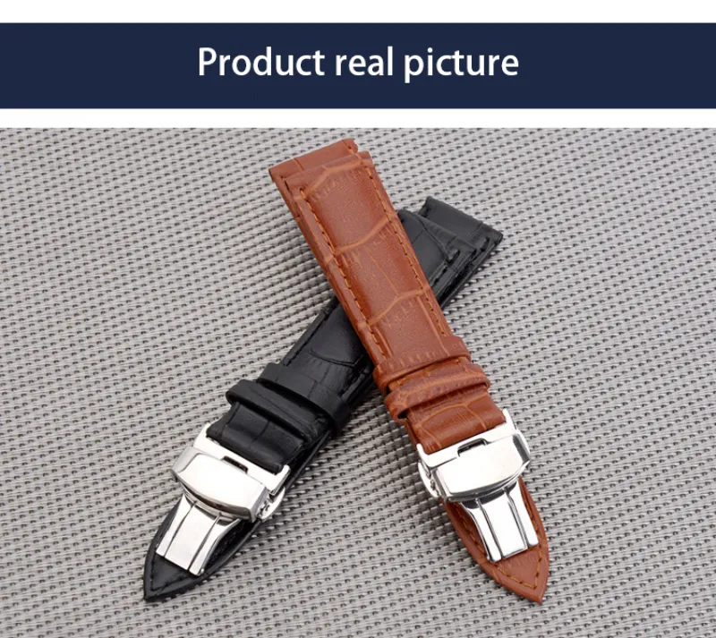 fashion slub embossed Watch Band Strap Push Button Hidden Clasp Double press butterfly buckle Leather black Brown Steel 12mm-24mm225v