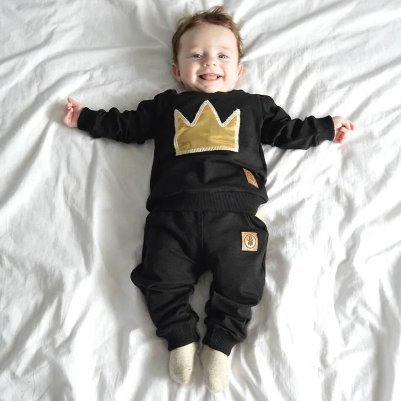 Höst Baby Kläder Set Spädbarn Långärmad Bomull T-shirt Byxor Karn Kostymer Set Crown Kostymer