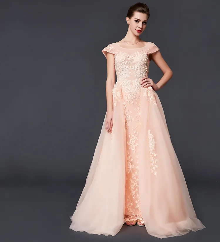 High Quality New Formal Evening Dresses Noble And Elegant Large Round Neck Pink Lace Applique Bead Spring And Summer Big Party Dresses HY139