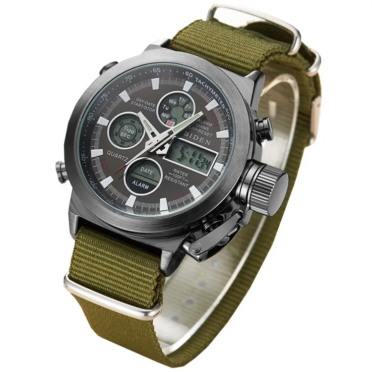 Modebrunt läder och nylon Military Watch Waterproof Analoga Digital Sports Watches for Men 2018283s