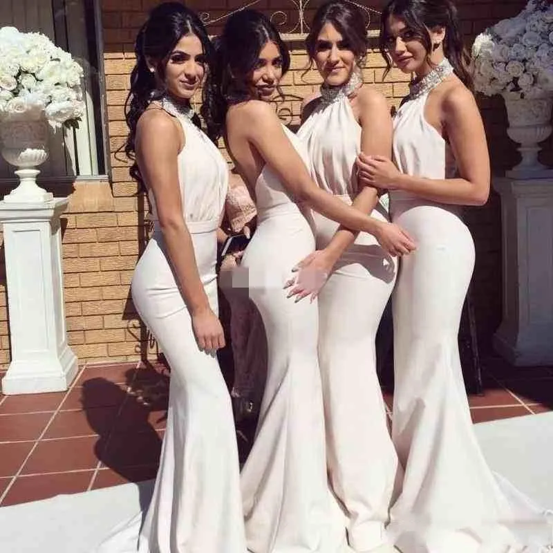 Simple Mermaid Bridesmaid Dresses Ivory Halter Neck Backless Beaded Pleats Maid Of Honor Wedding Party Dresses Formal Gowns