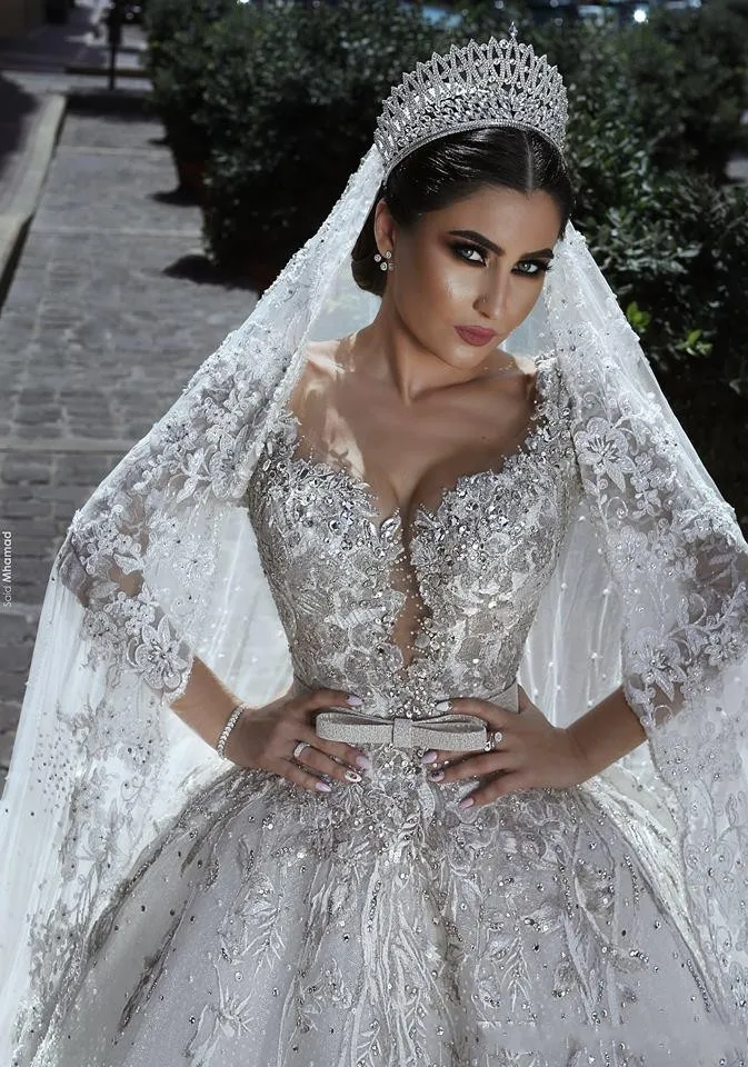Arabische baljurk trouwjurken glamoureuze lange mouwen tule kralen pailletten appliques korset bruidsjurken ba