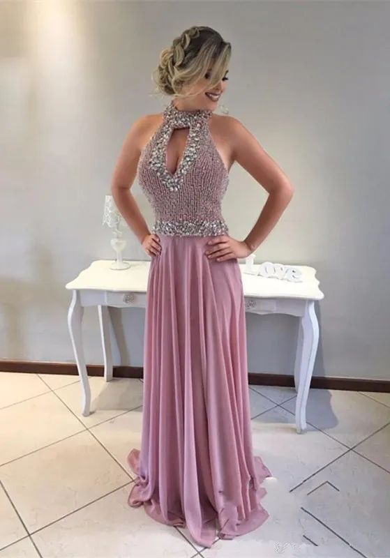 2018 New Sexy Prom Dresses High Neck Keyhole Chiffon Beading Crystal Open Back Long Plus Size Formal Party Dress Vestido Evening Gowns Wear