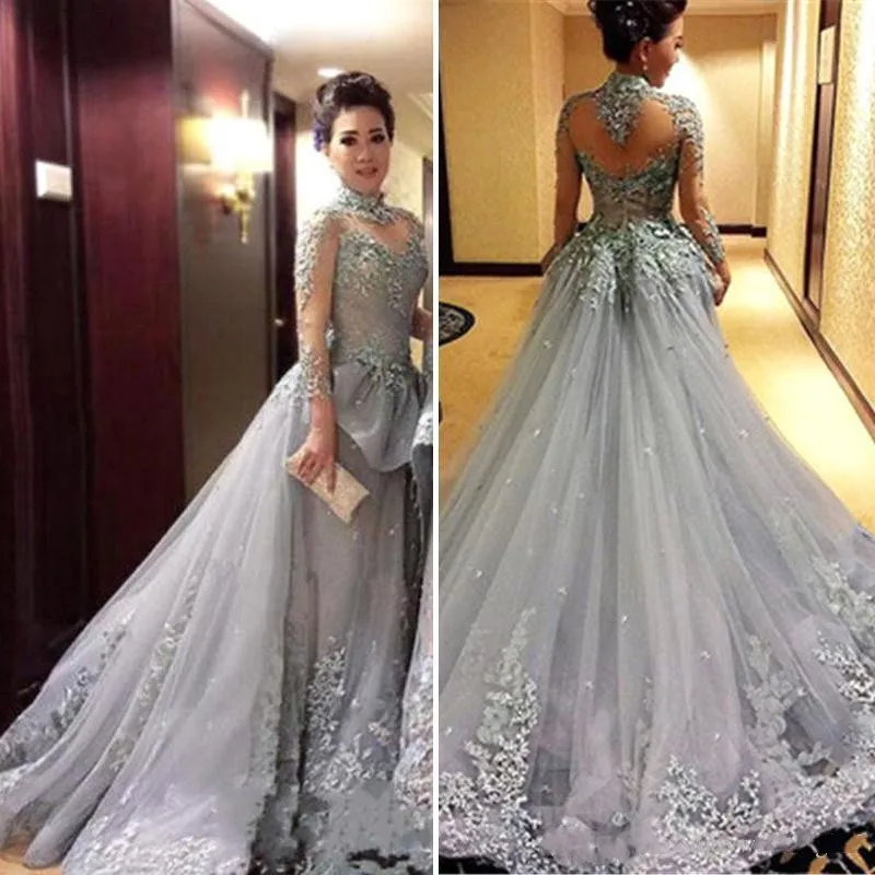 Evening Dresses 2018 Cheap Arabic High Neck Illusion Lace Appliques Beaded Gray Tulle Long Sleeves Hollow Back Peplum Party Dress Prom Gowns