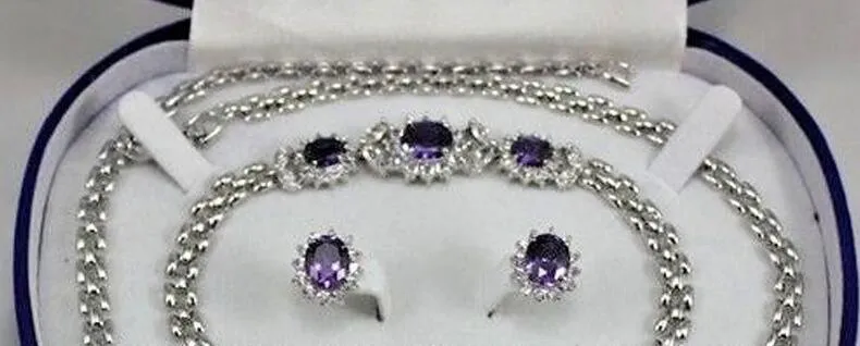 BeautifulAmethyst Inlay Link Bracelet earrings Ring Necklace Set285R
