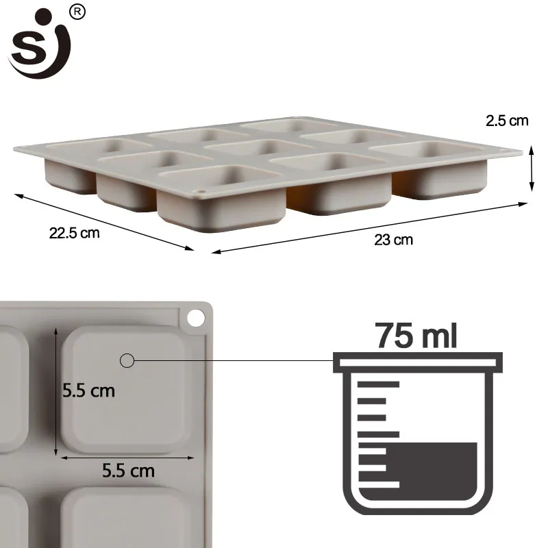Handgjorda silikonformar 9-kavitet mögel säker bakvara fyrkantig tvål mögel tillverkare bakverktyg för kakor bröd apparater1292j