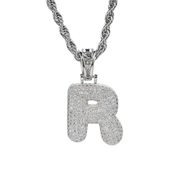 Argent 26 lettres pour choix bulle lettre pendentif collier avec micro pavé cubique zircone hip hop chaîne collier pour hommes unisexe J269u