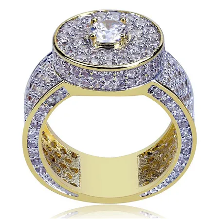 18K Cluster Or Planté Coupe CZ Cristal Hip Hop Glacé Anneaux pour Hommes Femmes Bling Bling Ring1758