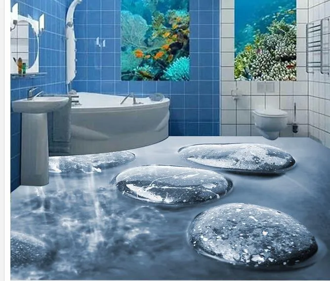 Malarstwo podłogowe 3D Tapeta brukowana woda w łazience 3D Malarstwo podłogowe Płytki podłogowe samozadowolenie PVC Tapeta2073