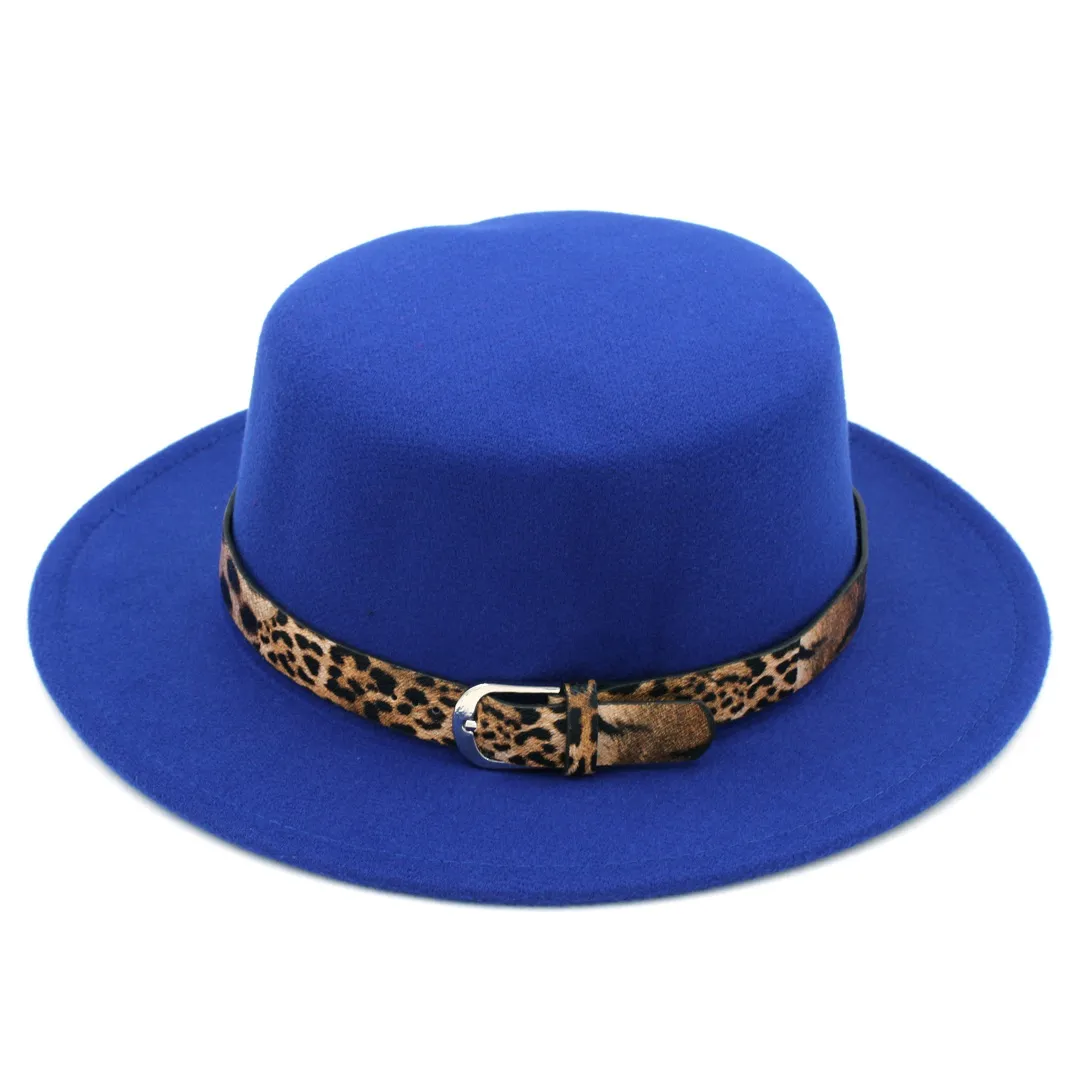 أزياء Women Wool Blend Lowler Cap Pork Hat Jazz Hat Wide Brim Flat Boater Sailor Leopard Lether Belt1896560