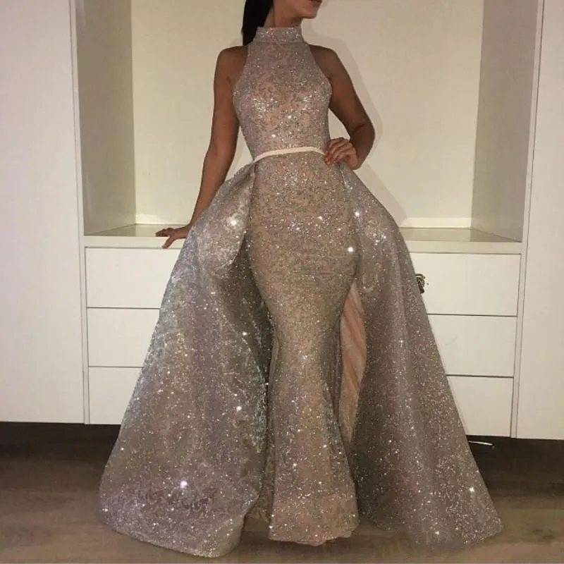 Glittering High Neck Prom Dresses With Overskirt Beaded Sequins Applique Lace Mermaid Formal Gowns Stunning Luxury Red Carpet Dress