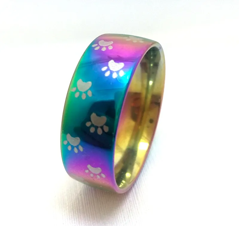 Rainbow Dog Cat Paw Print Rings 8mm 316L Stainless Steel footprint Rings for Men and Women Pet Animal Jewelry Lover Gift Who269c