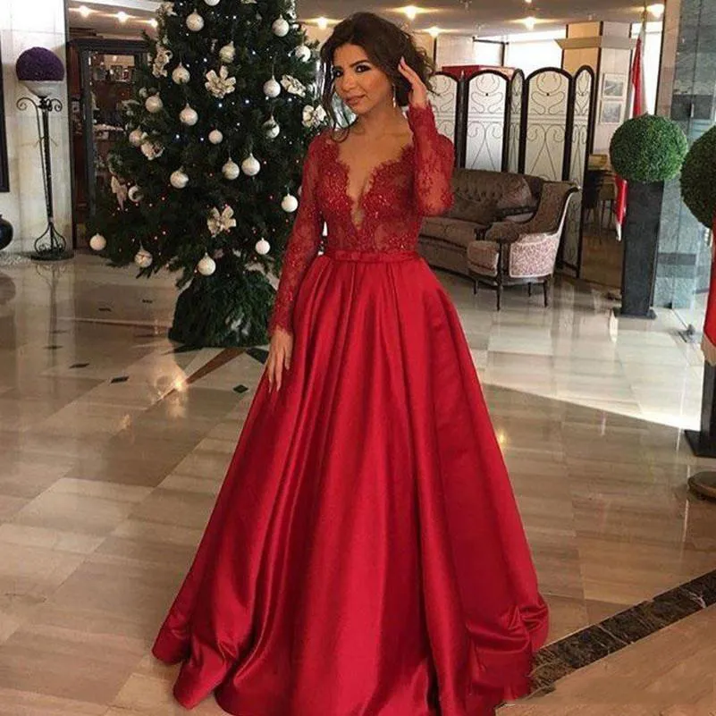 2018 Red Evening Dresses Plunging Long Sleeves Lace And Satin A-Line Prom Gowns Back Zipper Custom Made Vestidos De Noiva With Sash