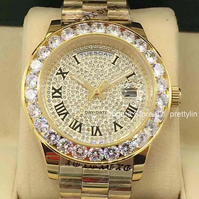 Volledig nieuw horloge veegt soepel mechanisch automatisch uurwerk Diamanten gezicht grote stenen bezel Luxe herenhorloges256r