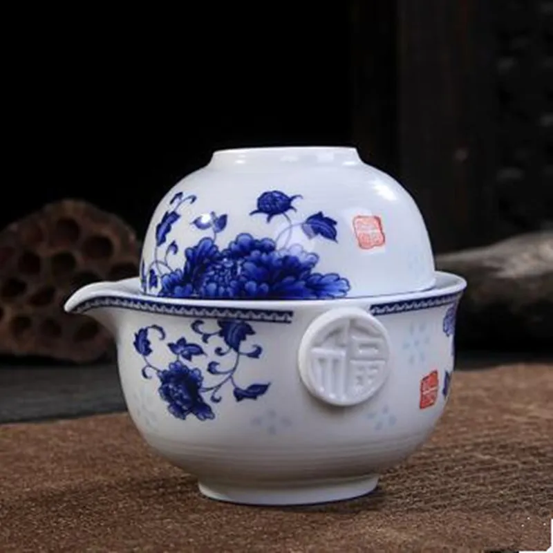 Keramik-Teeset bestehend aus 1 Kanne und 1 Tasse. Elegante Gaiwan-Teekanne, schöne und einfache Teekanne, Wasserkocher aus blauem und weißem Porzellan, Preference244p