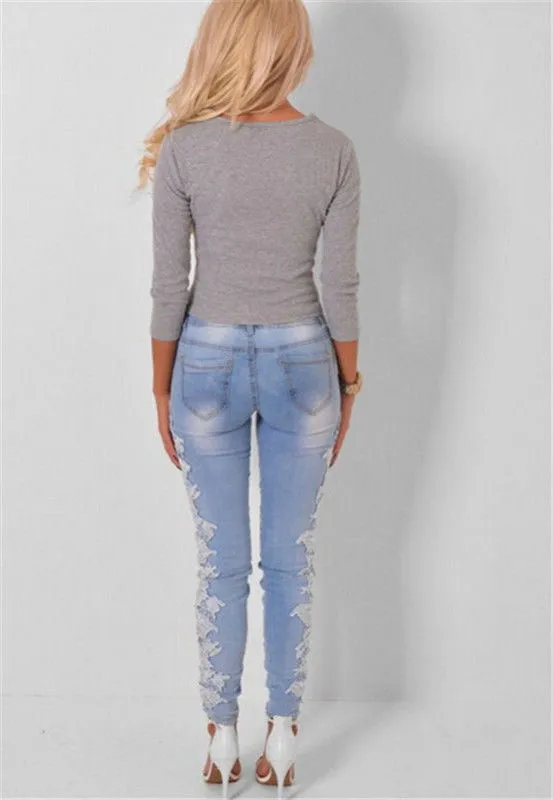 Women Crochet Lace Jeans Denim Blue Skinny Jeans Long Pencil Pants Black White Design Patchwork Hollow Out