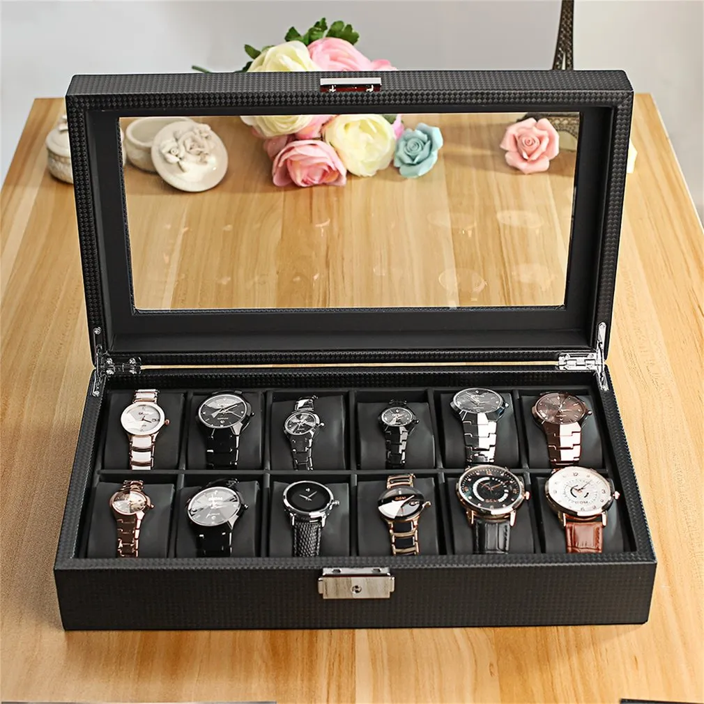 Leatherette 12 Slot Carbon Watch Box Fiber Design Jewelry Display Storage Holder Winder Black Large Watchs Box saat kutusu1291b
