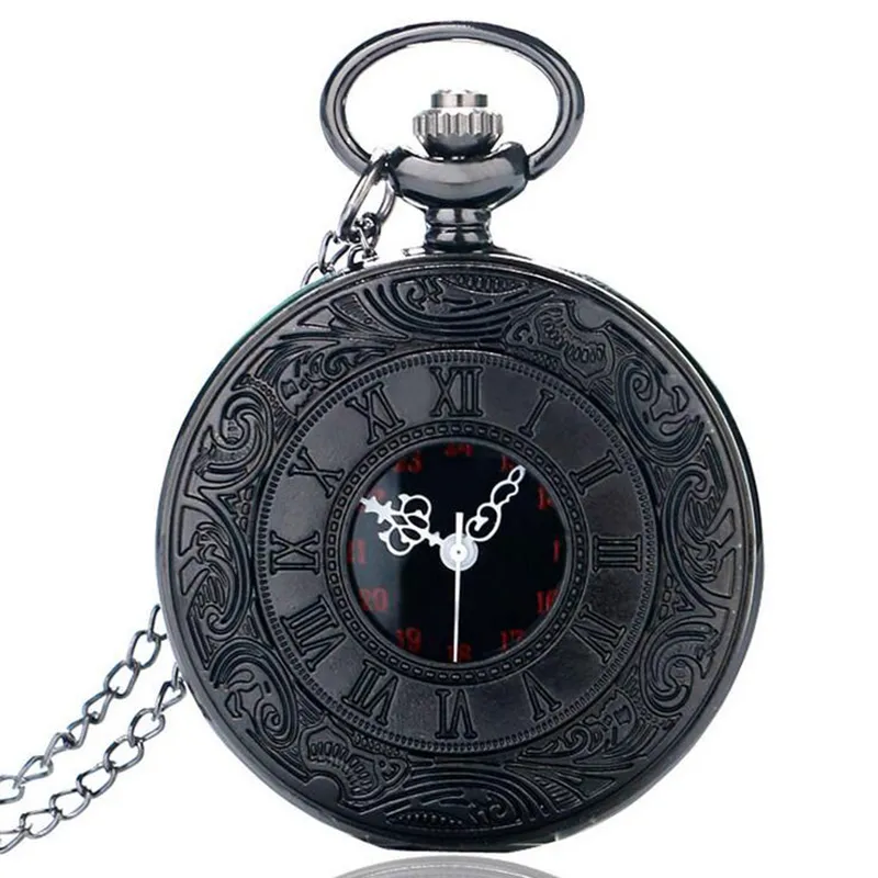 Vintage charme noir unisexe mode numéro romain Quartz Steampunk montre de poche femmes homme collier pendentif avec chaîne cadeaux 2108