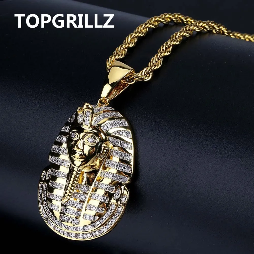 TOPGRILLZ Hip Hop Sieraden Iced Out Goud Kleur Plated Micro Pave CZ Steen Egyptische Farao Hanger Ketting Drie Ketting 24 In252i