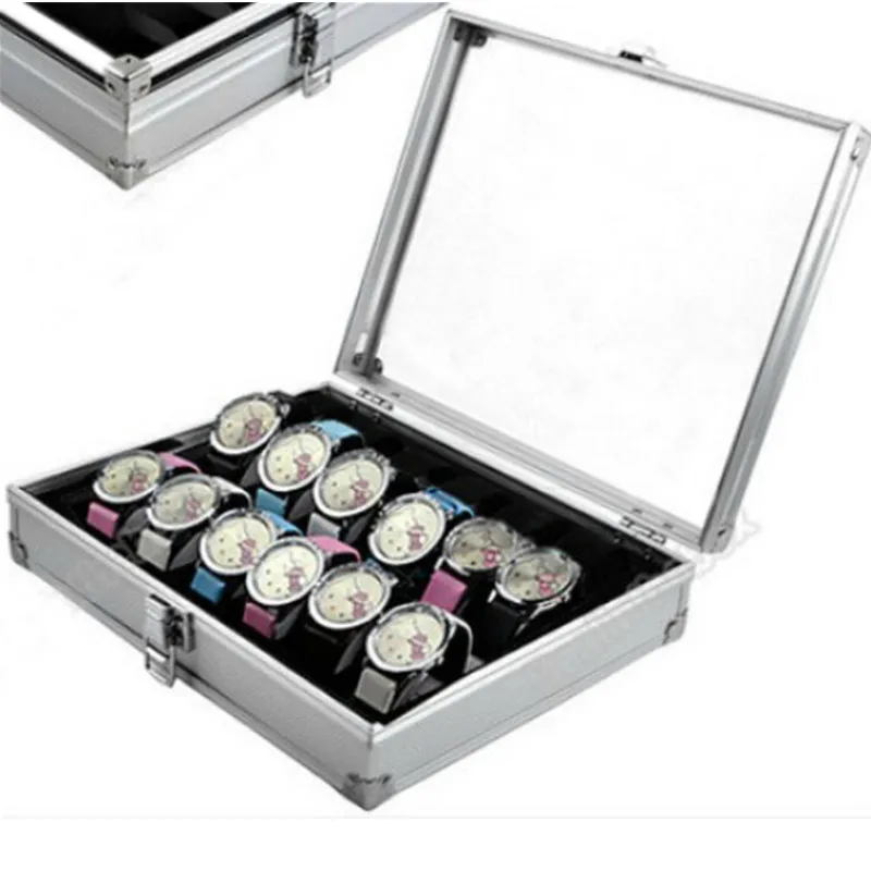 Coffrets de montre 12 fentes de grille Remontoir de montre en alliage d'aluminium à l'intérieur du conteneur organisateur de bijoux accessoires affichage étui de rangement1 Box2407