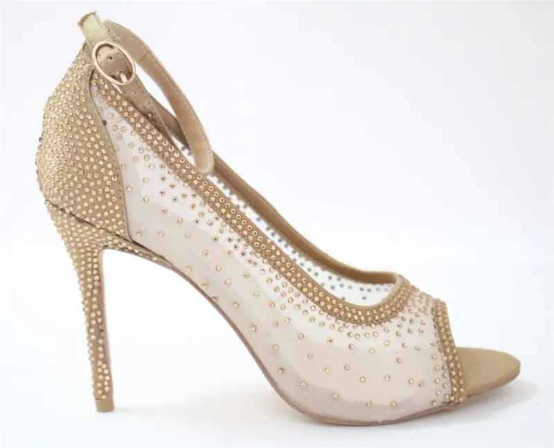Ladies Elegant Pep Toe Mesh Rhinestone Thin Heel Pumps Ankle Strap Lace Crystal High Heels Wedding Shoes