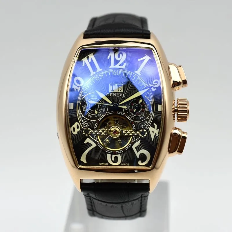 Geneve Tourbillon 가죽 자동 기계적 남성 시계 스켈레톤 중공 날짜 데이트 남자 디자이너 시계 선물 Mens Wristwatch Mont304Q