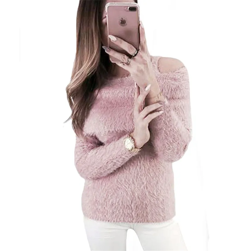 2018 nuovissimi maglioni da donna con spalle scoperte moda manica lunga autunno inverno volant vestiti caldi rosa bianco Pullover Top maglioni C18111601