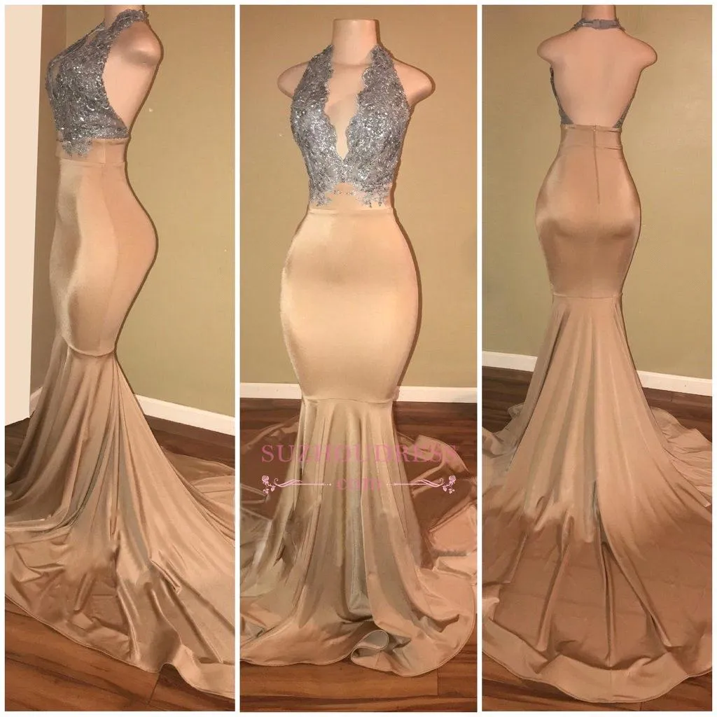 Newest Champagne Sexy Mermaid Prom Dresses Halter Neck Lace Applique Floor Length Formal Dresses Evening Gowns Fast Shipping Custom Made