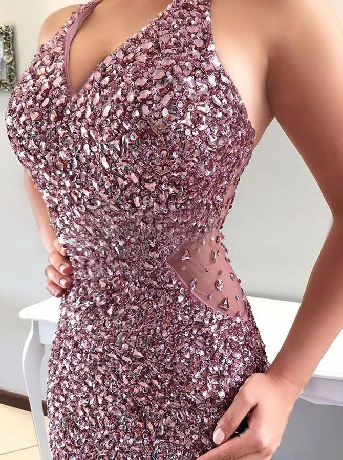 Luxury Evening Dresses With Beaded And Crystal Mermaid Plunging Blush Pink Prom Gowns Back Zipper Custom Made Formal Party Gowns