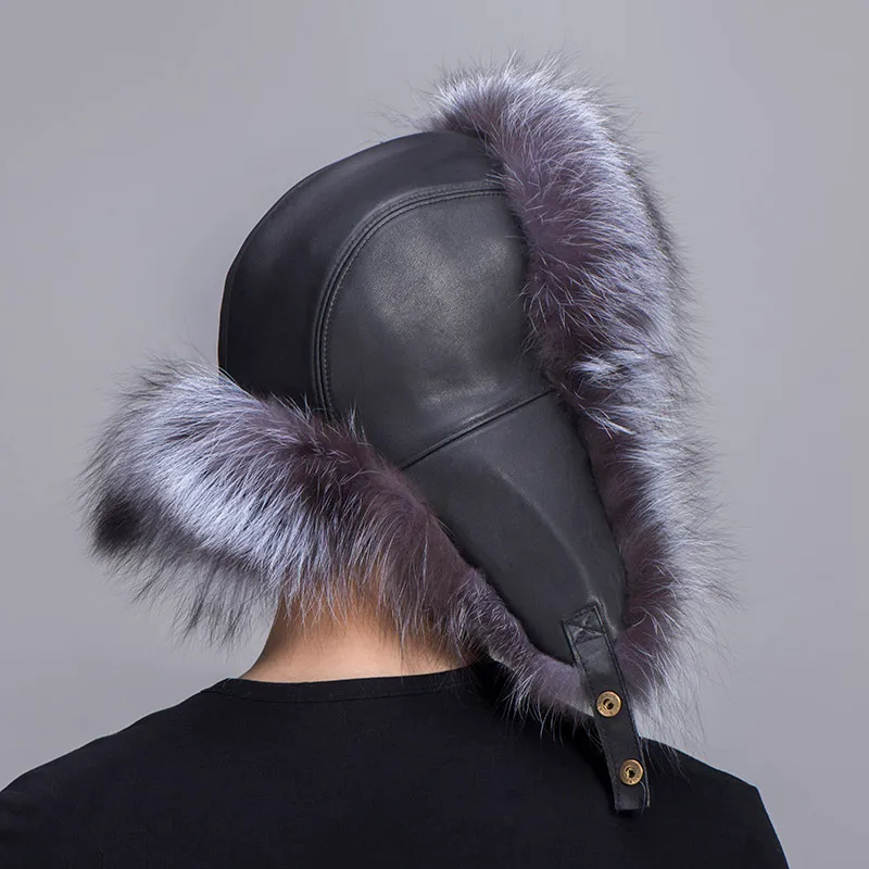 Chapeau unisexe en fourrure de renard argenté de Style russe, avec coque extérieure en cuir de mouton, cache-oreilles d'hiver, chauffe-tête 275F