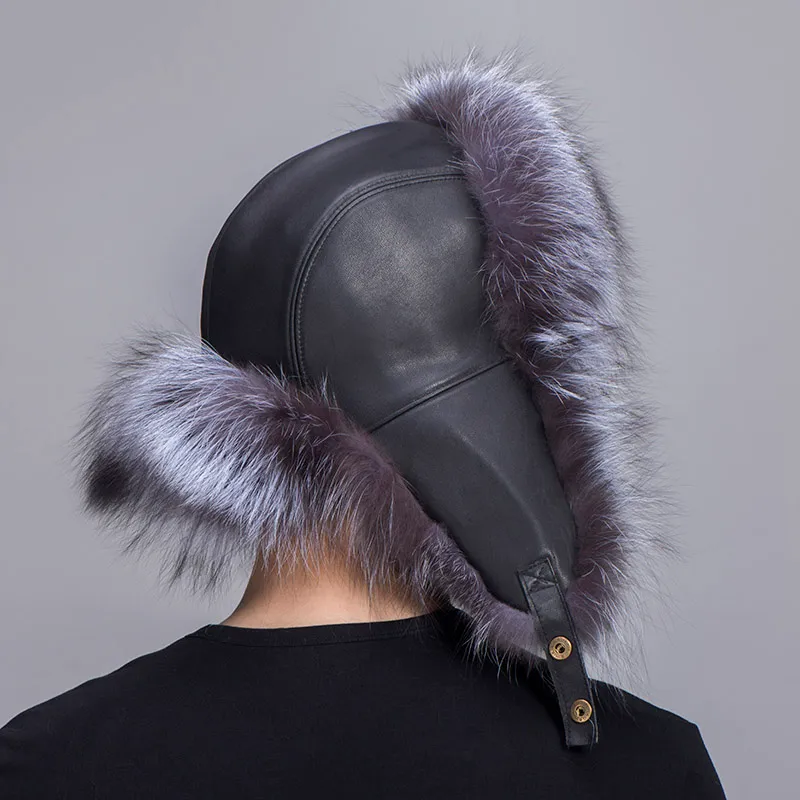Rysk stil unisex silver räv päls hatt med fårskinn läder yttre skal vinter öronflap headwarmer288s