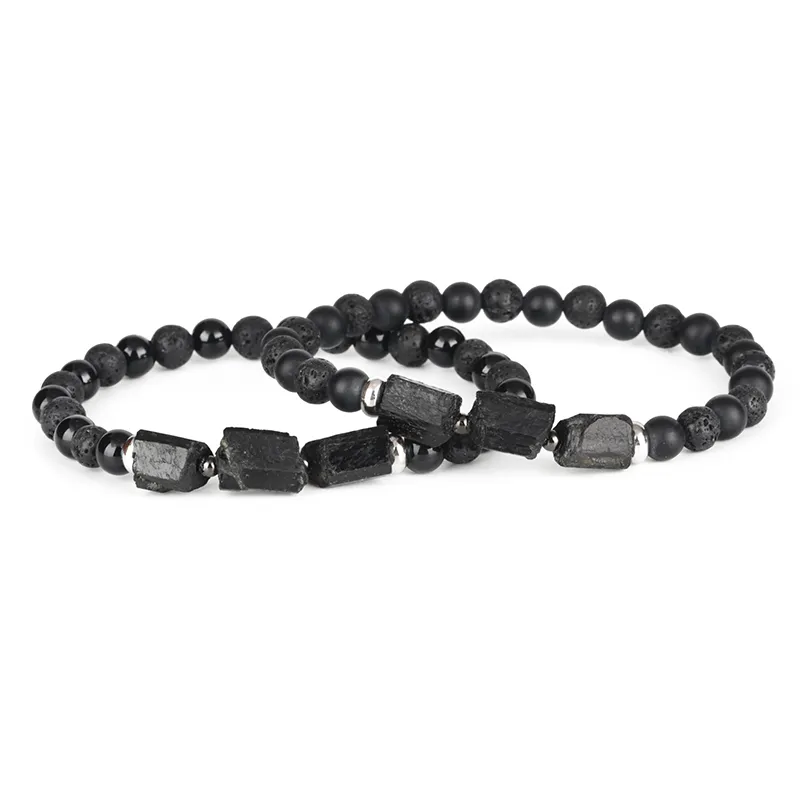 Natural Rough Black Tourmaline Healing Stone Bead Combo 6 mm Matte Onyx Lava Energy personnalisé Energy Bracelet pour l'homme Women228S