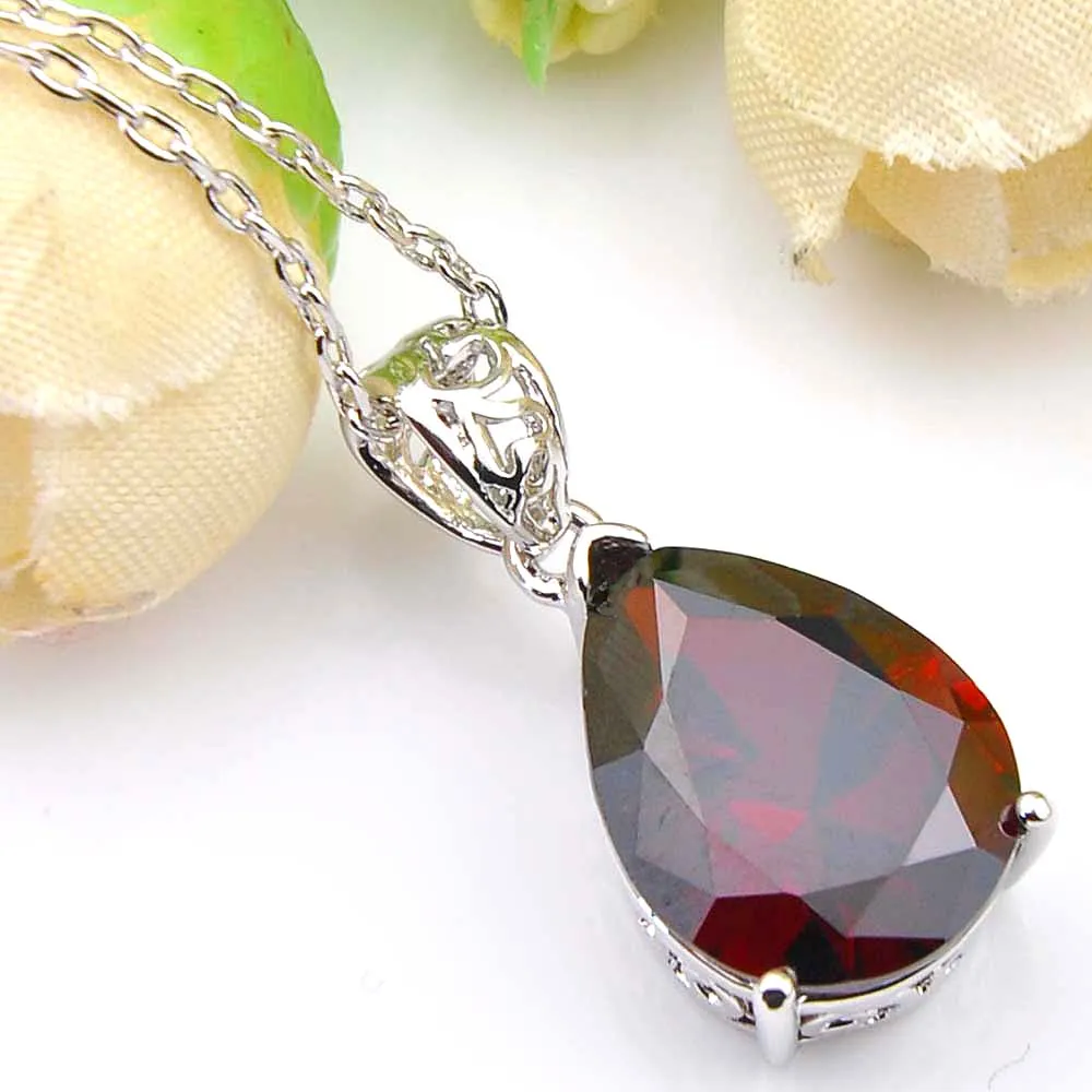 Luckyshine Exclude Shine Water Drop Red Garnet Pendants حفلة زفاف للسيدات سحر الزركون القلائد 283W