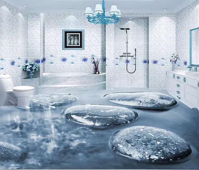 Floor Painting 3D Wallpaper Cobblestone water stone bathroom 3D floor painting floor tiles Self-adhesive PVC Wallpaper2073