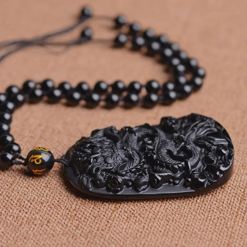 Soltar o colar de dragão de obsidiano preto jade jóias pingentes pingentes de sorte amuleto268o