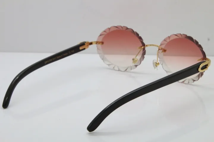 Hele nieuwe T8200761 Black Buffalo Horn Sunglasses Rimless Canved Triming Lens Vintage UnissEx buitenshuis Rijglazen Attitude264H