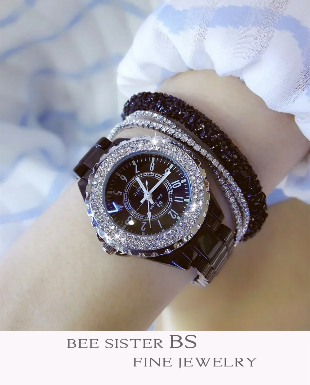 2018 Summer Femmes Robine de ramification Lady Diamond Stone Robe Watch Black White Ceramic Bracelet Wristwatch Ladies Crystal Watch C322D